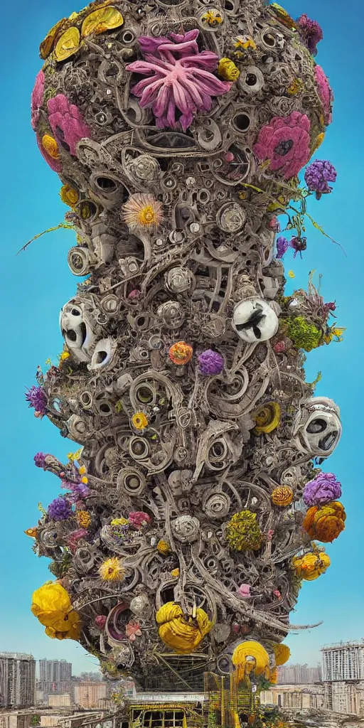 Image similar to colossal psyhedelic alien flower made from worst mankind ideas in the middle of abandoned post soviet constructivist cityscape, Stalinist architecture, ultradetailed, Intricate by Hayao Miyazaki and Josan Gonzalez and Giuseppe Arcimboldo and Wes Anderson and H.R. Giger