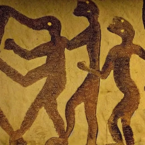 Prompt: old cave painting of men hunted by aliens