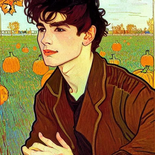 Prompt: painting of handsome young delicate beautiful jeffrey in his 2 0 s with brown hair and gorgeous rina together at the pumpkin patch in october, elegant, clear, painting, stylized, art, art by alphonse mucha, vincent van gogh, egon schiele,