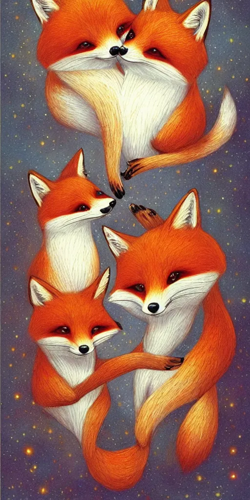 Prompt: greeting card, love, 2 beautiful foxes, by greg simkins, warm colors, cozy