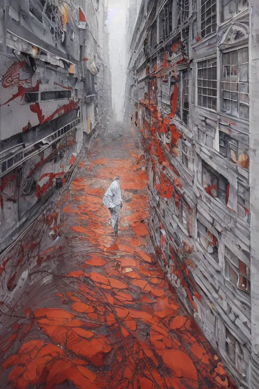 Image similar to Oil painting of people in a city looking at a white building covered with a red and orange 3d graffiti mural with paint dripping down to the floor, intricate, highly detailed, smooth, artstation, painting by moebius and james jean and Artgerm and yoshitaka Amano and Greg Rutkowski and Zdislav Beksinski