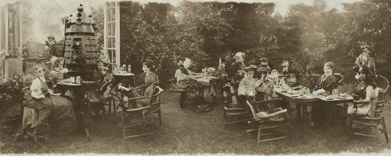 Prompt: A Victorian sepia photo of a Dalek tea party.