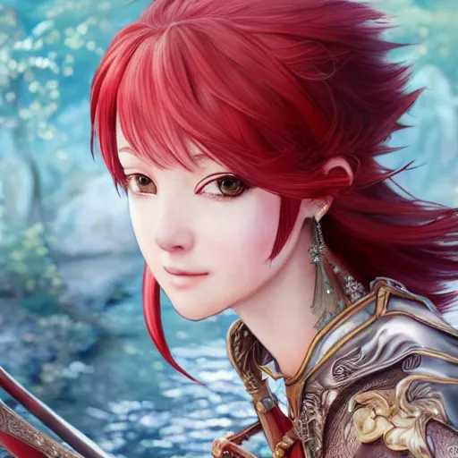 Prompt: a red haired female knight as an absurdly beautiful, elegant, young sensual anime girl, river in background, ultrafine hyperrealistic detailed face illustration by kim jung gi, irakli nadar, intricate linework, sharp focus, bright colors, matte, octopath traveler, final fantasy, unreal engine highly rendered, global illumination, radiant light, intricate environment