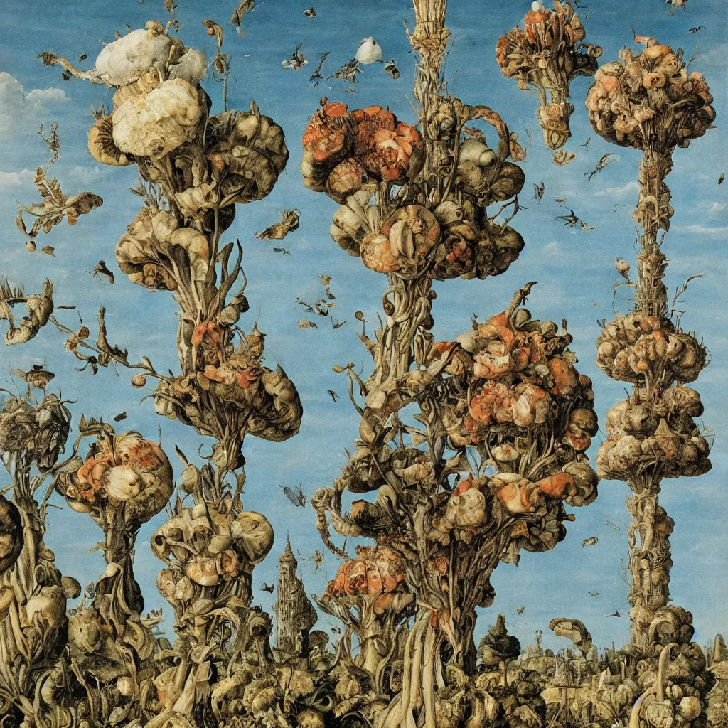 Image similar to a single! colorful!! fungus tower clear empty sky, a high contrast!! ultradetailed photorealistic painting by maria sibylla merian and giorgio de chirico, hard lighting, masterpiece