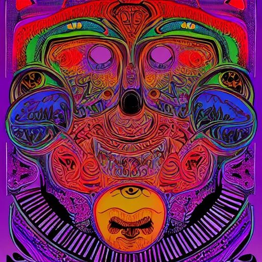 Prompt: Fillmore concert poster for The Bozone April 20, 1969 by Victor Moscoso and S. Clay Wilson, Cryengine, HD render, 3d, psychedelic, intricate paisley filigree Bozo the clown. red clown nose, mandala, day-glo colors, flowing lettering