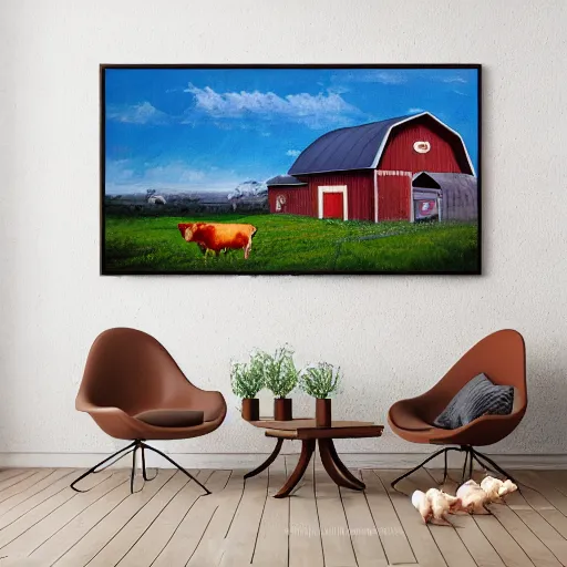 Image similar to interior view of modern futuristic farm barn architecture and interior design, lounge chairs, sofas, cows, chickens, pigs, wall art, detailed luminescent oil painting 4 k