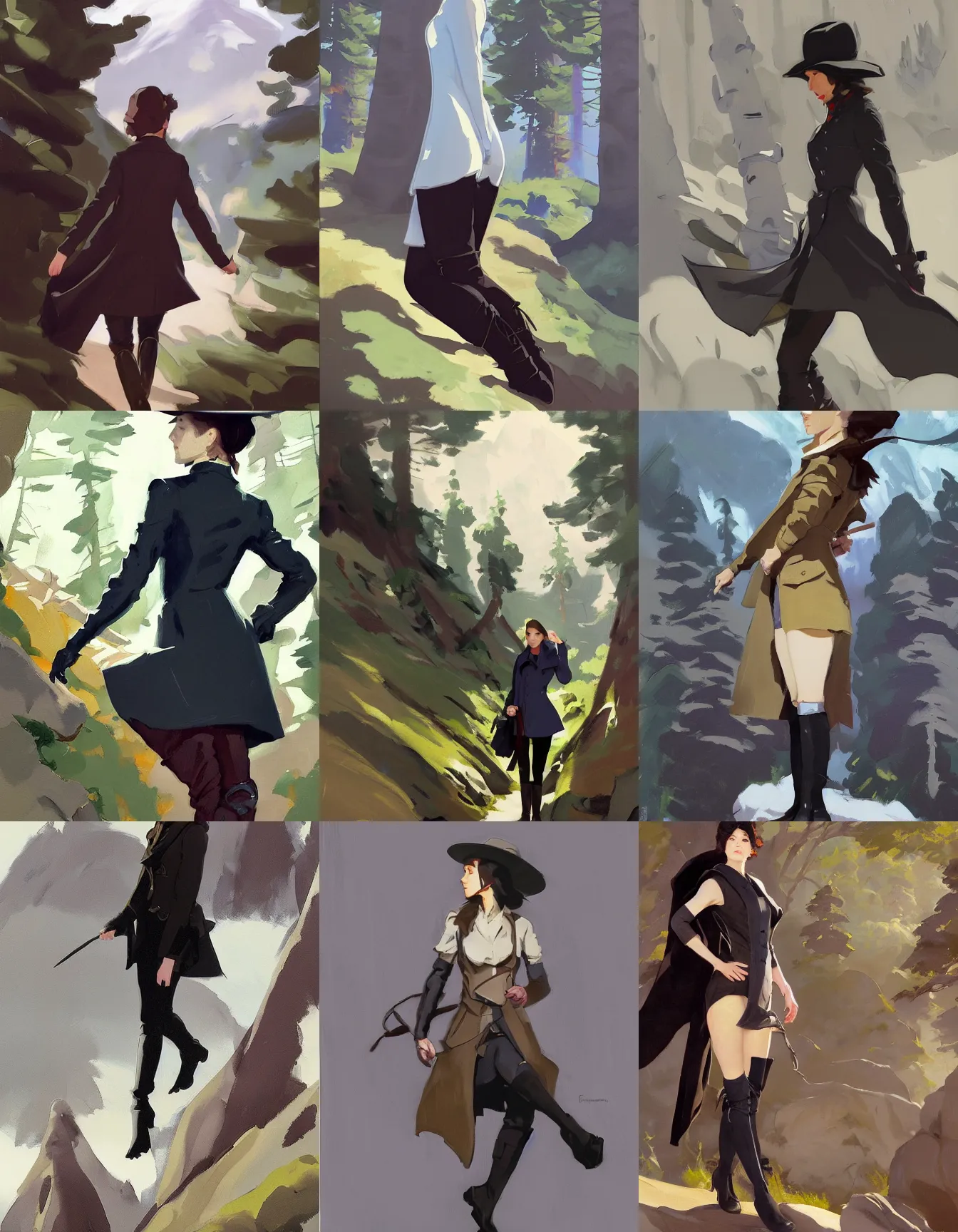 Prompt: cloth fabric black jodhpurs knee high boots travel coat fashion, solo hiking in mountains trees, greg manchess painting by sargent and leyendecker, studio ghibli, fantasy, asymmetrical, intricate, elegant, matte painting, illustration, hearthstone, by greg rutkowski, by greg tocchini, by james gilleard, by joe fenton