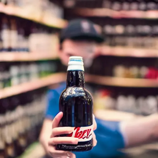 Image similar to boy hold beer bottle in the shop. angry casier refuse to sell.