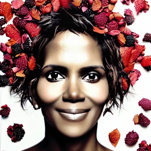 Image similar to a portrait of of halle berry constructed from berries, collage, drop shadow, organic, layered composition, layers, texture, mcu, petals, highly textured, layered, sculpted, dynamic,