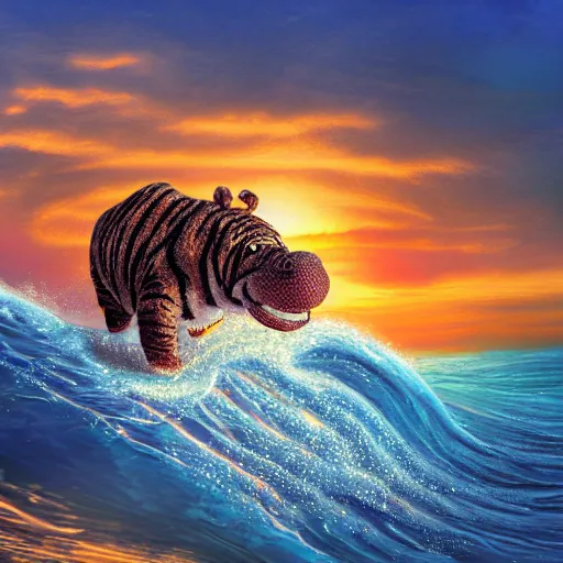 Image similar to a closeup photorealistic photograph of a cute smiling knitted tiger hippopotamus riding a wave at sunset. surf in background. professional capture. brightly lit scene. this 4 k hd image is trending on artstation, featured on behance, well - rendered, extra crisp, features intricate detail, epic composition and the style of unreal engine.