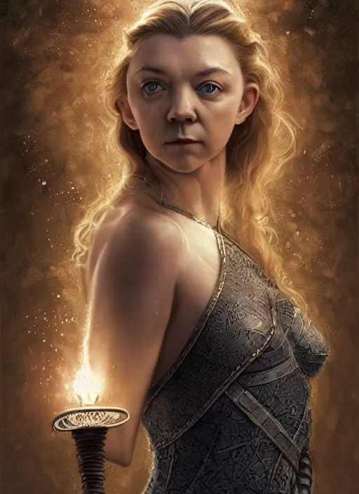 Image similar to Natalie Dormer as Margaery Tyrell as a ruggedly handsome heroine kneeling next to a glowing artifact lodged in shallow water, intricate, elegant, highly detailed, artstation, concept art, smooth, sharp focus, illustration, art by artgerm and donato giancola and Joseph Christian Leyendecker, WLOP, fireflies