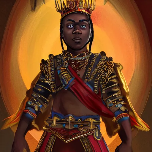 Image similar to a young black boy dressed like an african moorish warrior in gold armor and a crown with a ruby, and a very ornate glowing scimtar, for honor character digital illustration portrait design, by android jones in a psychedelic fantasy style, dramatic lighting, hero pose, wide angle dynamic portrait