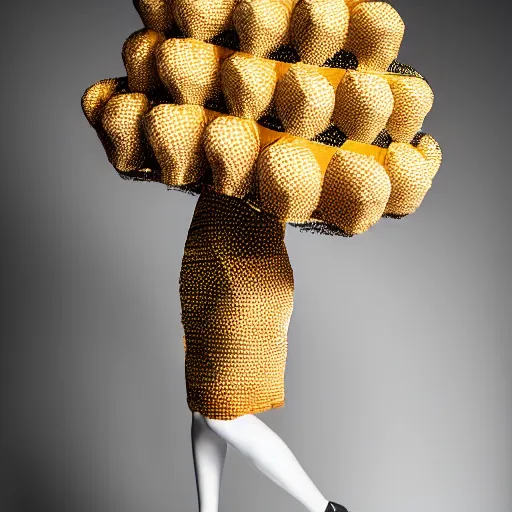 Image similar to a beautiful dress made of a real bee hive, on a mannequin. high resolution, studio lighting