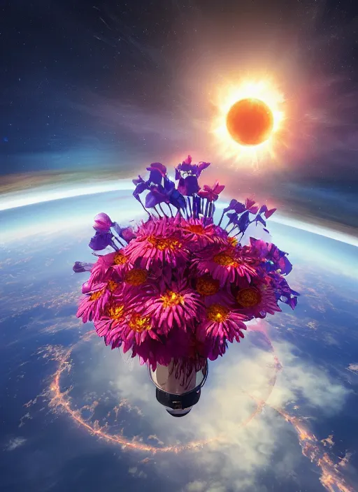 Image similar to An epic fantastic realism comic book style painting of the most beautiful flowers launched into space, bouquets, solar eclipse, fisheye, unreal 5, DAZ, hyperrealistic, octane render, dynamic lighting