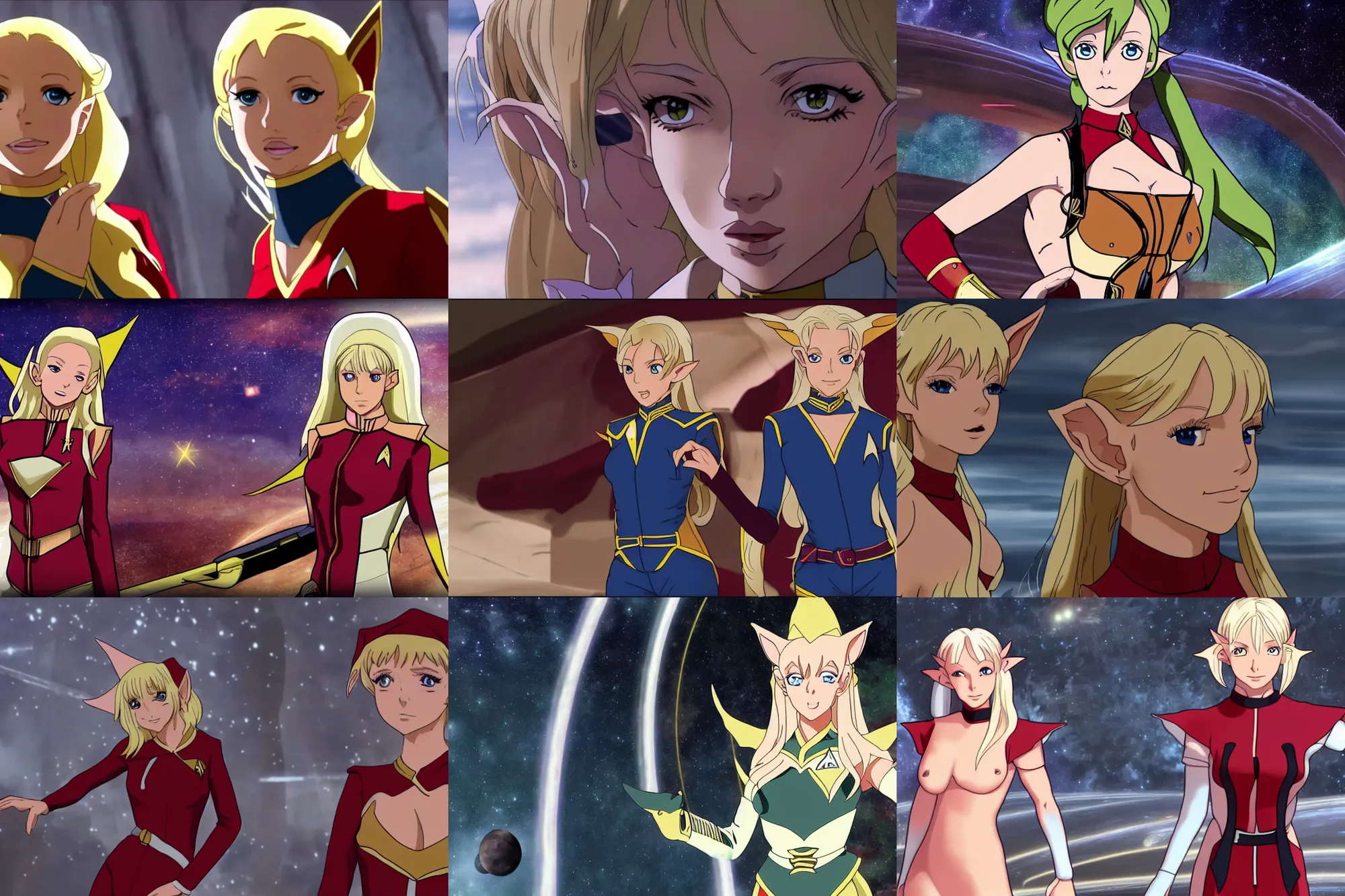 Prompt: 4K anime video of young attractive high-fantasy elf (played by Britney Spears) in a Starfleet uniform in Star Trek, scene where she is on Deep Space Nine, soft light, cinematic lighting, sharp