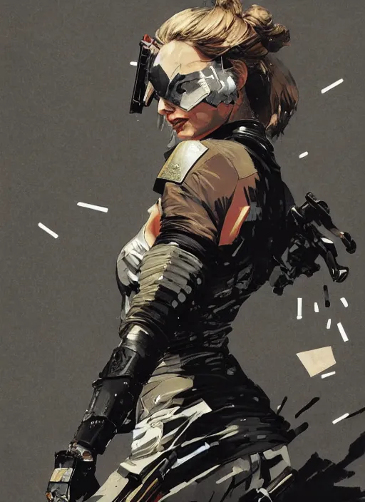 Image similar to Margot Robbie wearing metal gear armor holding gun dramatic lighting art by Richard Schmid by Hokusai by Yoji Shinkawa by greg rutkowski by Sandra Chevrier cinematic dramatic