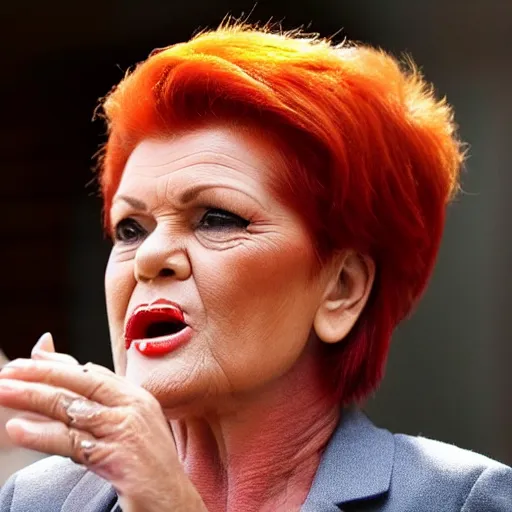Prompt: Pauline Hanson poking out her forked snake tongue