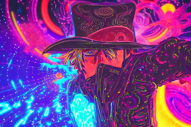 Image similar to an old western cowboy stumbles apon a portal to another dimension, psychedelic, flashwave, synthwave, dreamy, animecore, glowwave, glitch core, laborwave, hyperpop, raver, rainbowcore, lisa frank, trailwave, glowing, detailed image, digital art, 8k,