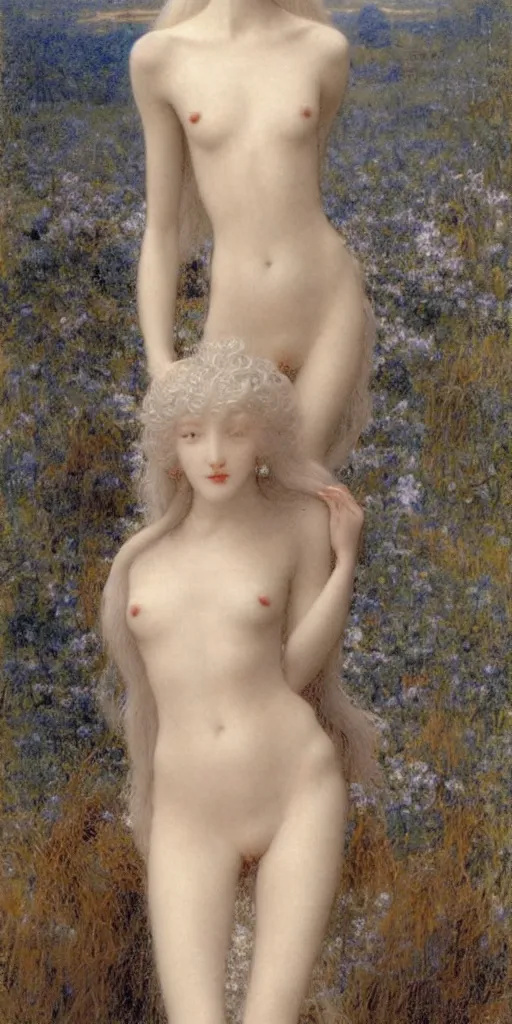 Image similar to Say who is this with silver hair so pale and Wan! and thin? beautiful lone single feminine!! angel, Venus Aphrodite, in the style of Jean Delville, Lucien Lévy-Dhurmer, Fernand Keller, Fernand Khnopff, oil on canvas, 1896, 4K resolution, aesthetic, mystery