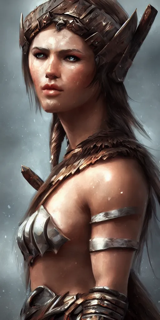 Image similar to head and shoulders portrait of a barbarian female, ultra sharp, very detailed, high quality focus by wlop