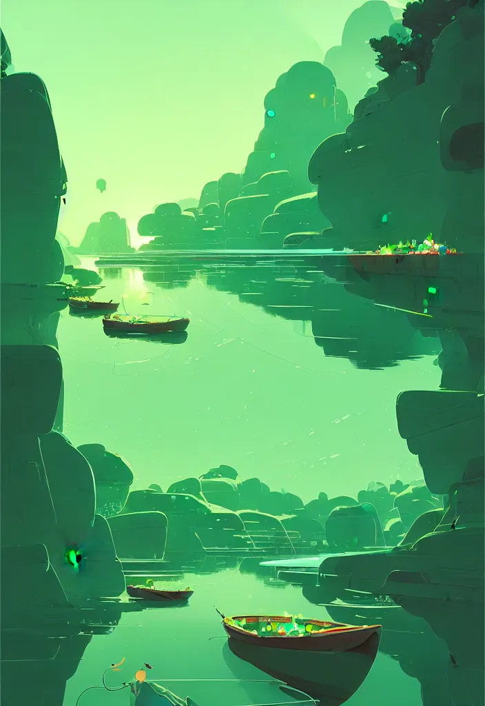 Prompt: by moebius and atey ghailan | a bright green river with clear crystal boats moving up and down it |