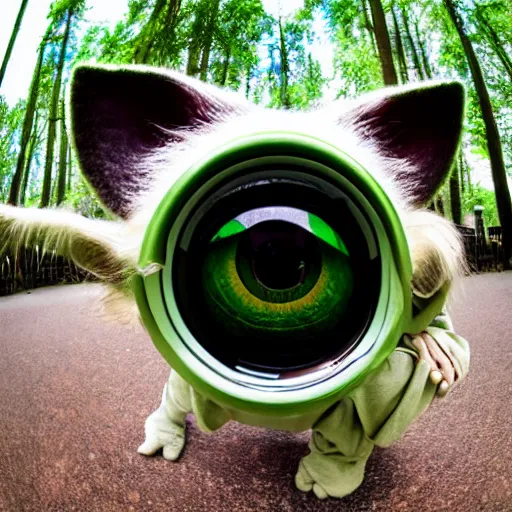 Image similar to Yoda waving towards the camera, photograph, fisheye lens