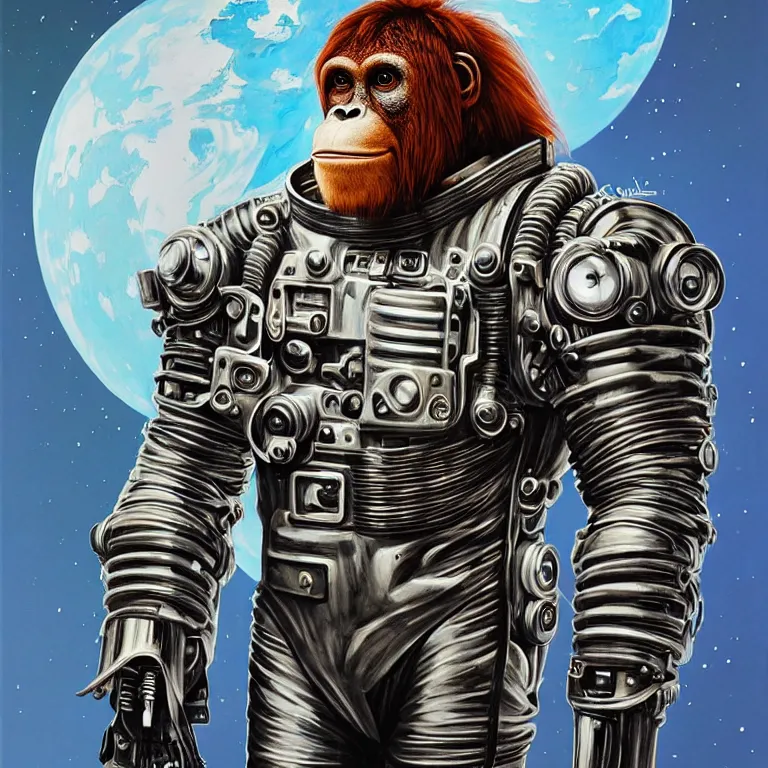 Image similar to a portrait of a muscular anthropomorphic cyberpunk orangutang in spacesuit armor with ensignia on chest plate by sandra chevrier, by jon foster, detailed render, pistol in holster, extremely hyperdetailed, tape deck, epic composition, cybernetics, 4 k realistic, cryengine, realistic shaded lighting, sharp focus, masterpiece, by enki bilal