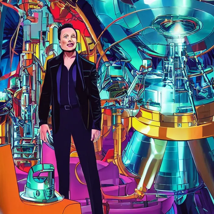 Prompt: elon musk as an evil character in totally spies, in front of a complex machine, scheming and plotting his revenge. bright, rich, colorful. full body shot, well lit