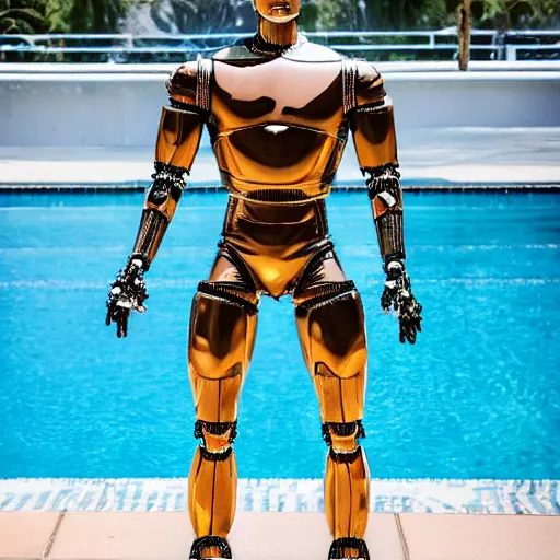 Image similar to a realistic detailed photo of a guy who is an attractive humanoid who is half robot and half humanoid, who is a male android, wrestler john cena, shiny skin, posing like a statue, blank stare, by the pool, on display, showing off his muscles, humanoid robot, frozen ice statue