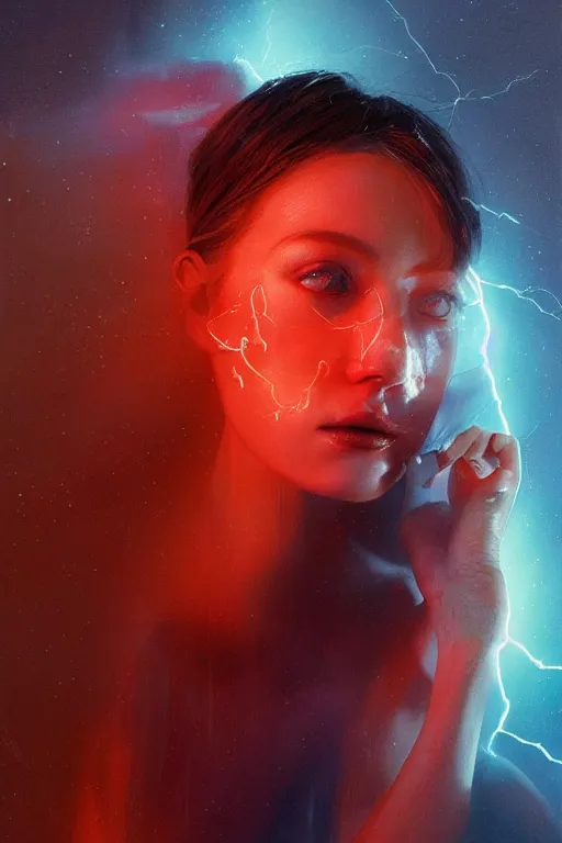 Image similar to 3 d, sci - fi, morning, sleepy fashion model face, sun, cinematic, lightning, clouds, vogue cover style, stanley kubrick, light red and deep blue mood, realistic painting, intricate oil painting, high detail, figurative art, multiple exposure, poster art, 3 d, by tooth wu and wlop and beeple and greg rutkowski