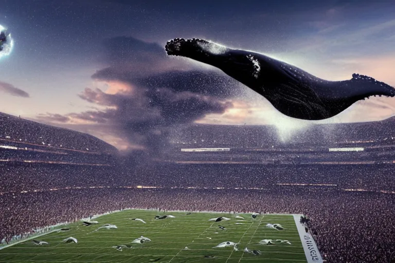 Prompt: ! dream a humpback whale flying in the air over an nfl football stadium ultra detailed realistic photograph cinematic lighting by jessica rossier