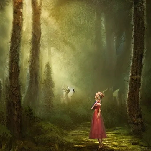 Image similar to a painting of a woman standing in a forest with deer, a storybook illustration by louise abbema, cgsociety, magical realism, reimagined by industrial light and magic, volumetric lighting, cinematic lighting