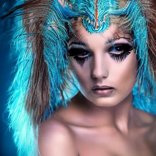 Image similar to young woman in a futuristic nymph costume, striking a pose, intricate hairstyle, professional body paint, full body portrait photography by Karel Saudek, digital, photoshop, Helios 44-2, high definition, large props, eye catching, award winning, 4K UHD