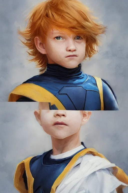 Image similar to a little boy with a michievous face and ginger hair. he is dressed as a superhero. clean elegant painting, beautiful detailed face. by artgerm and greg rutkowski