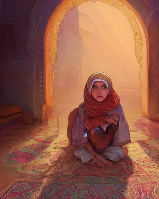 Image similar to a faceless bedouin child infront of a big open quran highly detailed, gold filigree, romantic storybook fantasy, soft cinematic lighting, award, disney concept art watercolor illustration by mandy jurgens and alphonse mucha and alena aenami, pastel color palette, featured on artstation