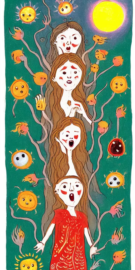 Prompt: small impish joyful creature in white robe with glowing eyes and sun ray flame hair holding lit matches and singing, three sisters visiting, The Queen in the Cave Children's book illustration, traditional folk art style, gouache on paper, outsider art, David Palladini, Mu Pan, Carson Ellis, Julia Sarda