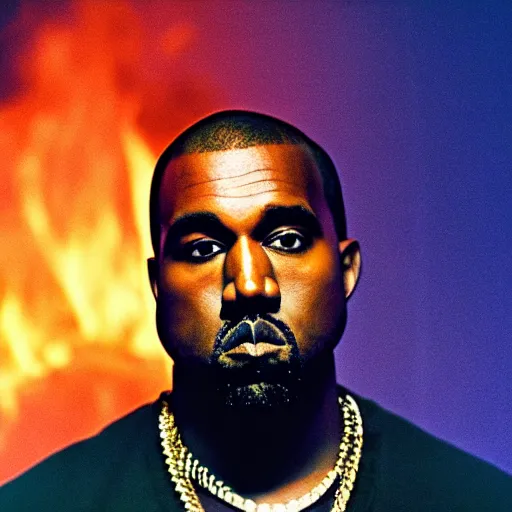 Prompt: a photo of kanye west standing by a burning house, dramatic, ektachrome, vintage, wide angle, warm color palette, light mode, 2. 5 - dimensional, 1 6 k, ultra - hd, megapixel, cga, rays of shimmering light, screen space reflections