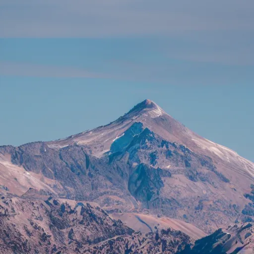 Image similar to a realistic, detailed telephoto photograph of a distant mountain shaped like an ice cream cone