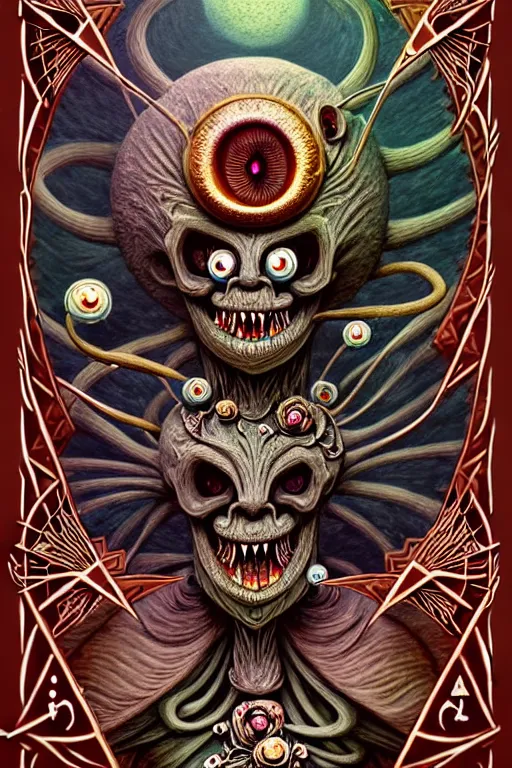 Image similar to A beautiful detailed grotesque monster super cute tarot card, by Gediminas Pranckevicius , symmetrical features, ominous, magical realism, texture, intricate, ornate, royally decorated, skull, skeleton, whirling smoke, embers, red adornements, red torn fabric, radiant colors, fantasy, trending on artstation, volumetric lighting, micro details, 3d sculpture, ray tracing, 8k, anaglyph effect