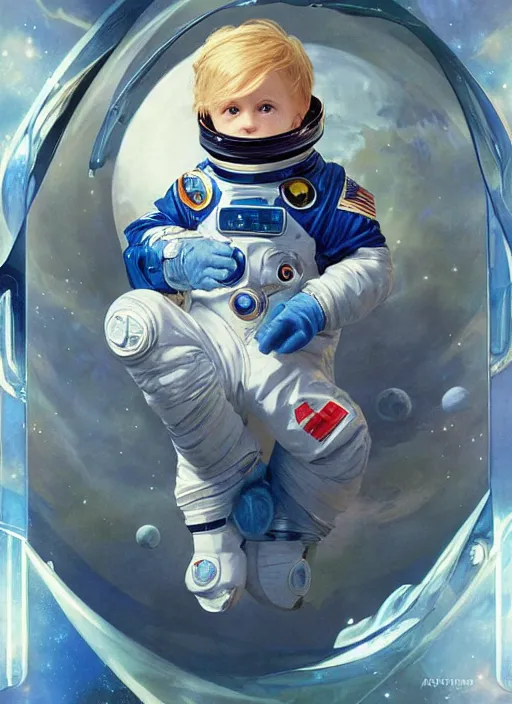 Image similar to a cute little boy with short blonde hair and blue eyes as an astronait wearing a space suit in space, beautiful fantasy painting by artgerm and greg rutkowski and alphonse mucha