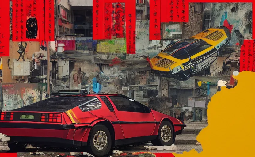 Image similar to a red and yellow delorean in ajegunle slums of lagos in nigeria, painting by hsiao - ron cheng & salvador dali, magazine collage & ukiyo - e style, masterpiece.