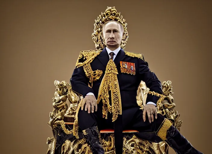 Image similar to A photo of vladimir putin the barbarian sitting on his throne, award winning photography, sigma 85mm Lens F/1.4, perfect faces