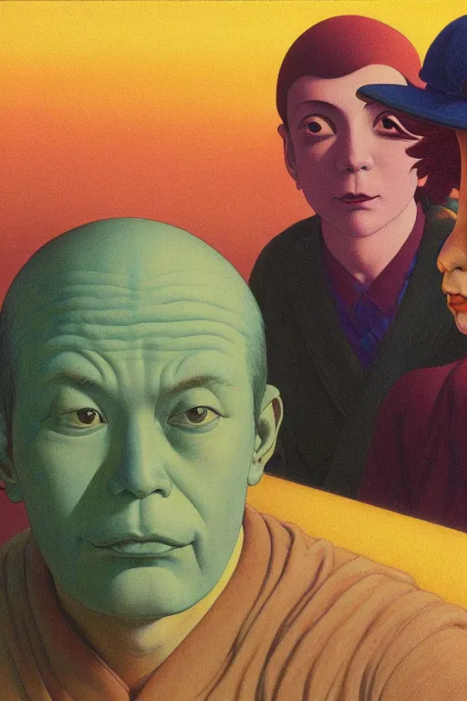 Image similar to close up portrait of a man and woman having fun with lsd and magic mushrooms by kawase hasui, moebius, Edward Hopper and James Gilleard, Zdzislaw Beksinski, Steven Outram, 8k, volumetric lighting, artstation