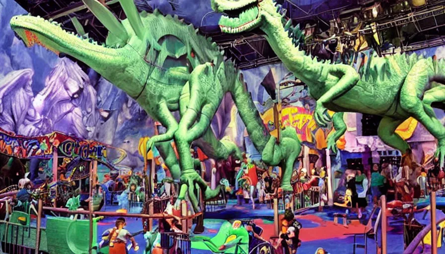 Prompt: 1990s photo of inside the Rugrats show ride at Universal Studios in Orlando, Florida, children riding in baby walkers battling Reptar a large dinsaur, shooting lazers, explosions, cinematic, UHD