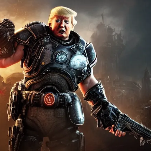 Image similar to Photo portrait of Donald Trump as Crusader!! in Gears of War, splash art, movie still, detailed face, photorealistic facial features, cinematic lighting, dramatic, octane render, long lens, shallow depth of field, bokeh, anamorphic lens flare, 8k, hyper detailed, 35mm film grain