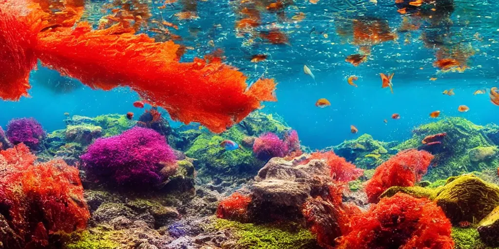 Image similar to ultra realistic underwater photography, panoramic picture of a river with large brightly colourful fish. lots of bubbles. seaweed and some rocks. gloomy scattered light entering from the water surface, artstation, 8 k