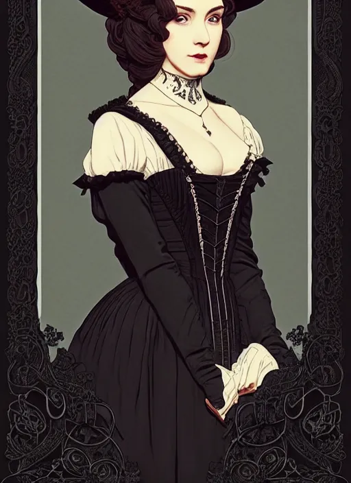 Prompt: 3 / 4 view of a portrait of woman in victorian clothing, confident pose, intricate, elegant, sharp focus, illustration, highly detailed, concept art, matte, trending on artstation, anime, art by james jean and artgerm and brian despain and alberto mielgo, ilya kuvshinov, dramatic lighting, gothic, haunted, art nouveau