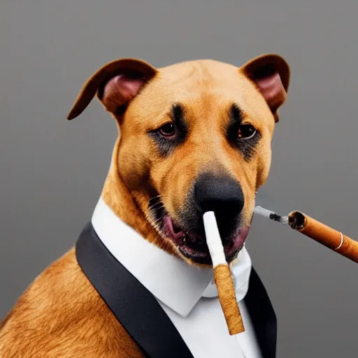 Image similar to a high detail closeup photograph of a dog wearing a suit 👔,and smoking a cigarrette🚬, award wining photograph, digital art