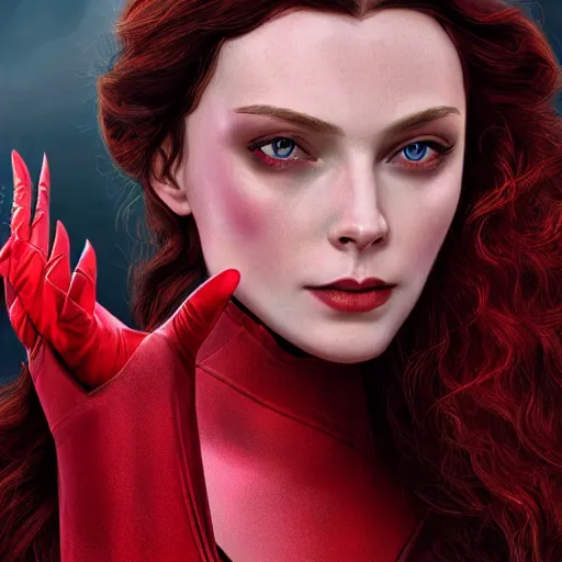 Image similar to A portrait of elizabeth in scarlet witch costume, cinematic, digital art, amazing detail