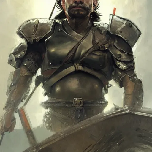 Image similar to a professionally painted portrait of Frank Reynolds, clothed in ancient battle armor, olive skin, curly black hair, beautiful bone structure, symmetrical facial features, scar across face, intricate, elegant, digital painting, trending on Artstation, concept art, smooth, sharp focus, illustration, from Metal Gear by Ruan Jia and Mandy Jurgens and Artgerm and and william-adolphe bouguerea, award winning